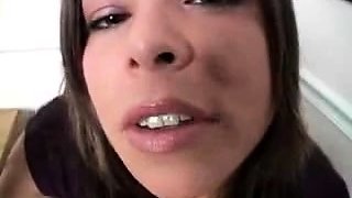 Busty curly brunette with big boobs fucks on couch