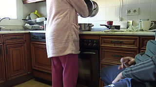 CFNM - Horny MILF Swallows His Cum After Masturbating