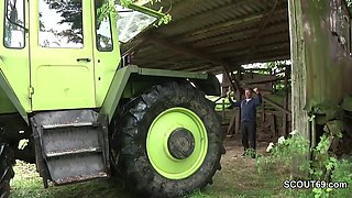 Ginger milf seduces the farmer and blowjobs his dick