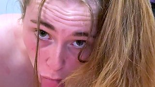 Small tit GF gives POV blowjob on my denim