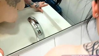 Public toilet fuck with German black-haired teen