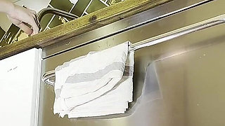 Flexible Hot Wife in the Kitchen Does Gym Training at Home by Spreading Legs and Taking Her Panties off Under Her Mini Skirt