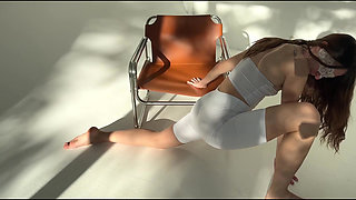 stretching in white long shortss - cameltoe