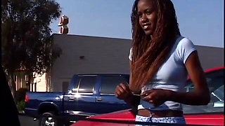 Young ebony with small tits gets some white cock banging by the pool