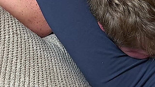 Cruel Headscissors in Blue Leggings on the Couch