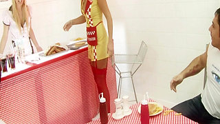 Funny Food Scene 2: Couple of Blonde Waitresses Fucking in Lingerie in a Foursome Covered in Cream