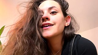 Busty curly brunette with big boobs fucks on couch
