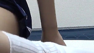Girls Only Apartment in Japan, Skinny Girl Doing Seduce Fitness in Apron-type Mini Student Uniform, Thong Panties, White Socks