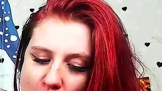 Amateur redhead fully nude on bed and masturbating