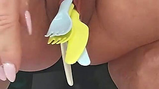 Stuffing My Mature Prolapse Pussy with Kitchen Tools Til I Squirt and Piss!