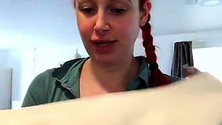 Amateur redhead masturbates then gives a blowjob