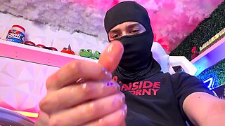 Masked man milks his oily cock for you