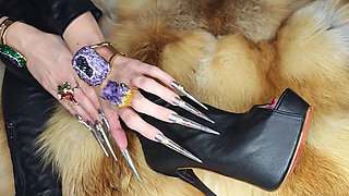 Extremely Long Stiletto Nails and Leather Boots Worship