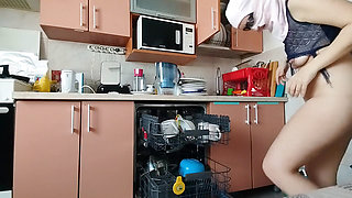 Hairy Brunette Pussy, Big Tits, Sensual Hairy Woman in the Kitchen.
