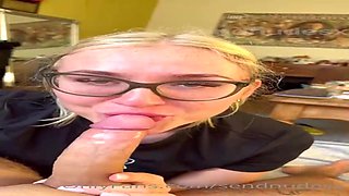 Nerdy blondie honey with yam-sized glasses is gargling jizz-shotgun and getting ravaged from the back