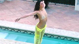 Skinny small titted latina Brett Barletta stripping and swimming outdoor