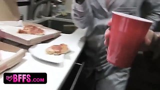 Pretty teen chicks pajama fest and one of the girls with glasses gets her vagina pounded by her mate dressed in strap-on dildo