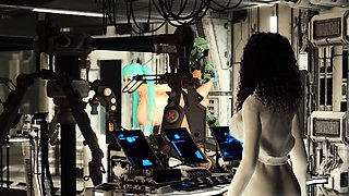 Space busty girl in cuffs gets fucked by sex robot in a lab