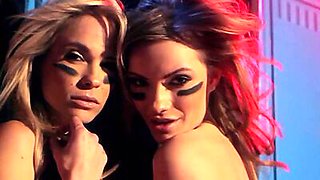 Cheerleaders with big boobs get naked together in a lockerroom with Playboy