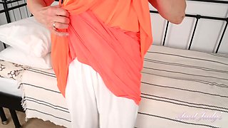 Minia Rubs Her Hairy GILF Pussy in Orange Dress & Black Stockings