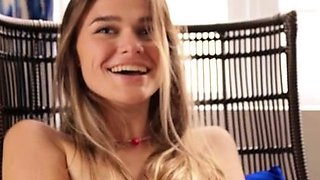 Busty curly brunette with big boobs fucks on couch