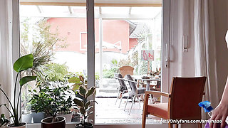 Naked Window Cleaning with a Hot Brunette in a Sheer Dress and No Panties. Amy Haze