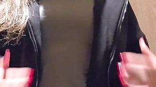 Charming girl teases you very quietly in a public toilet