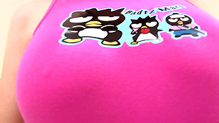 Sexy brunette chick showing her huge boobs