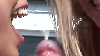 Lovely sluts get lucky and share the same dude outdoors