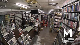 Bookstore Clerk Caught Sexy Slim Busty Asian Hottie Masturbating Behind the Bookshelves & Fucked Her