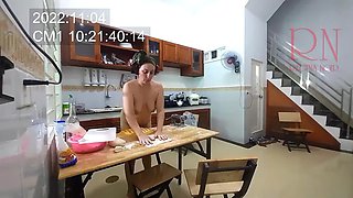 Ravioli time! Naked maid works in the hotel kitchen. Depraved maid works in the kitchen without panties