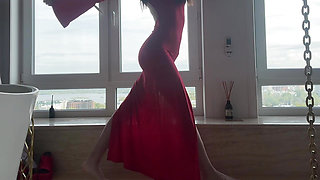 yoga in tight transparent red dress