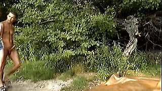 Hot redhead doll rides a big cock in the forest