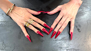 Red Matte Color Long Nails, Palms and Long Fingers Wide