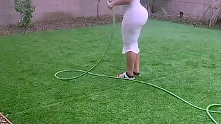 Blonde is flashing her big boobs in the outdoors