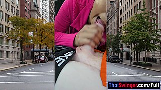 Public POV blowjob in a car by horny and busty Asian MILF slut
