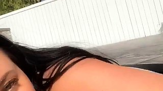 Busty curly brunette with big boobs fucks on couch