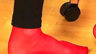 Peeptoe Dangling in Red Stockings & Black Leggings