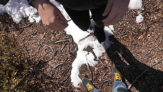 Outdoor Sex in the Snow! Risky with a Big Cumshot on My Ass!