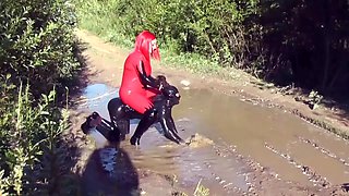 Femdom Humiliation, Pissing, Belly Fetish, Latex, Wet and Messy