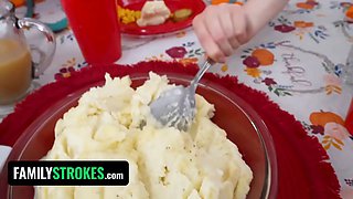 Red haired stepsisters Arietta Adams & cherry fae share stud after thanksgiving lunch - familystrokes