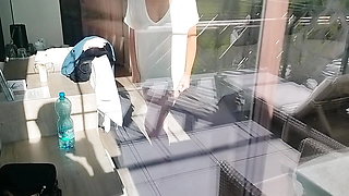 dickflash for the neighbor girl through the window on the balcony she comes out, shows her tits and touches her dick