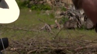 Scarlet Rose does sucks and fucks two huge cocks outdoors