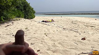 Pervert Watcher Jerks off Busty MILF and Her Stepdaughter and Cums on Their Faces While They Sunbathe