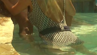Fit Buxom MILF Shares Her Husband's Dick With a Busty Blonde Bombshell In Hot 3-some By the Pool