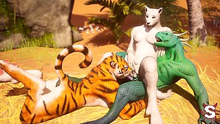 Furry girls go wild on lizard guy in a hardcore crazy life hump