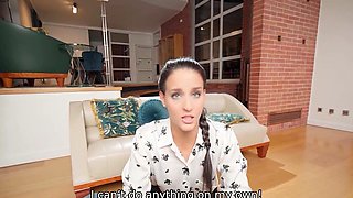 Brunette looks cute with his dick in her soft hands