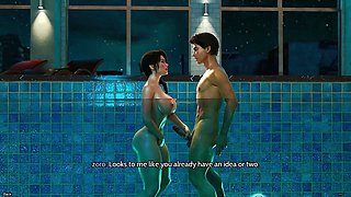 Fucking a hot MILF inside swiming pool under the moon light big tits anime gameplay video