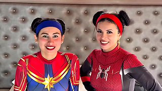 Busty Latina PAWGs In Spider Woman & Captain Marvel Costumes Ride a Cock & Masturbate Up To Squirting