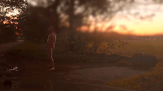Risky public nudity at dusk, trapped naked outside whilst car pass by